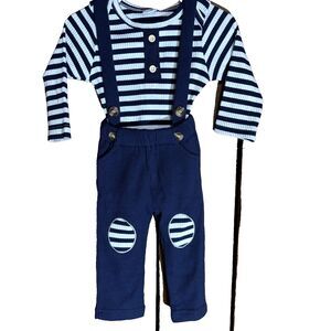 Pat Pat Boy Navy Blue White Striped Cotton Romper Jumper Bodysuit & Hat 6-9 Mon.